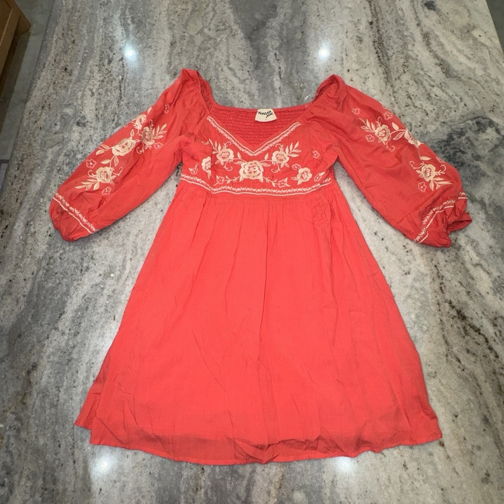 Savanna Jane Sz M Embroidered Mini Dress Boho Western Pink Stretch Smocked